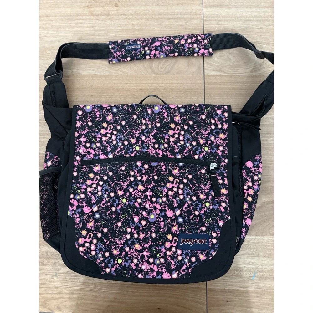 JanSport Messenger Laptop Bag Floral Pink Black Shoulder School Book Travel 15